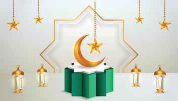 Affichage du produit 3D sur le thème du podium vert et blanc islamique avec croissant de lune, lanterne et étoile pour le ramadan vecteur