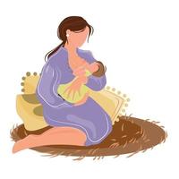 Jeune femme mère allaite une nouveau née bébé séance à Accueil sur tapis plat vecteur illustration.le femme presses le bébé à le poitrine, le bébé mange Sein lait.santé de le mère et le nouveau née