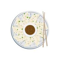 illustration logo de gyoza jiaozi Dumplings sur une assiette dans une tournant arrangement avec soja sauce dans le milieu vecteur