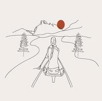 minimaliste paysage ligne art, Montagne contour dessin, canoë paysage, femme kayak des arbres rivière vecteur