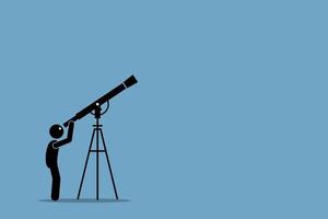 Stick figure homme regardant à travers le télescope pointant vers le ciel vecteur
