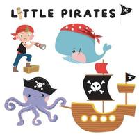 mignonne peu pirate sur blanc Contexte pour des gamins mode oeuvres d'art, les enfants livres, anniversaire faire-part, salutation cartes, affiches. fantaisie dessin animé vecteur illustration.