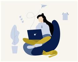 travailler à la conception de la maison. femme indépendante travaillant sur ordinateur portable chez elle, habillée décontractée. illustration plate. vecteur