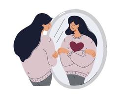 femme à la recherche à sa réflexion dans le miroir et câlins se. soi aimer, soi se soucier concept dessin animé moderne plat vecteur illustration.