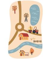 village carte. dessin animé carte avec Maisons, animaux, route, des lacs, des arbres et tracteur. parfait pour textile, tissu, papier, Jeux, jouer tapis. vecteur illustration isolé sur blanc Contexte