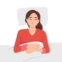 Jeune femme en train de dormir sur le lit. femelle mensonge sur confortable lit. concept de en bonne santé dormant, repos, relaxation, bien rêve, sommeil bien lit temps, avoir assez sommeil vecteur