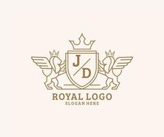 initiale jd lettre Lion Royal luxe héraldique, crête logo modèle dans vecteur art pour restaurant, royalties, boutique, café, hôtel, héraldique, bijoux, mode et autre vecteur illustration.