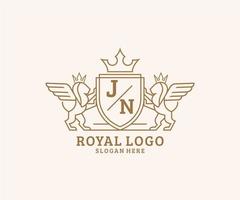 initiale Jn lettre Lion Royal luxe héraldique, crête logo modèle dans vecteur art pour restaurant, royalties, boutique, café, hôtel, héraldique, bijoux, mode et autre vecteur illustration.