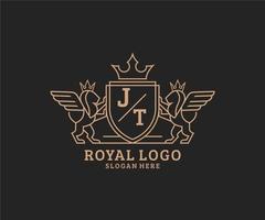 initiale jt lettre Lion Royal luxe héraldique, crête logo modèle dans vecteur art pour restaurant, royalties, boutique, café, hôtel, héraldique, bijoux, mode et autre vecteur illustration.