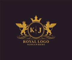 initiale kj lettre Lion Royal luxe héraldique, crête logo modèle dans vecteur art pour restaurant, royalties, boutique, café, hôtel, héraldique, bijoux, mode et autre vecteur illustration.