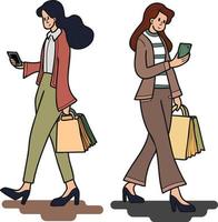 femelle Bureau ouvrier achats en ligne de téléphone intelligent illustration dans griffonnage style vecteur