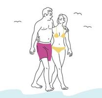 un couple en maillot de bain marche sur la plage. illustrations de conception de vecteur de style dessiné à la main.