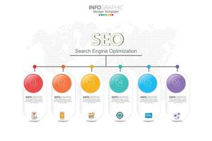 infographie modèle seo optimisation. seo numérique commercialisation concept avec graphique et Icônes. vecteur