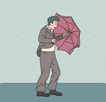 un homme en costume marche dur sous une pluie et un vent forts. illustrations de conception de vecteur de style dessiné à la main.