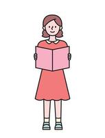 une fille en robe rouge est debout avec un livre. illustration vectorielle minimale de style design plat. vecteur