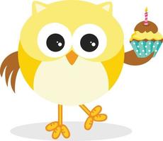 adorable Jaune hibou en portant une petit anniversaire gâteau vecteur