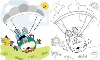 coloration livre de dessin animé parachutisme mignonne ours sur bleu ciel Contexte vecteur