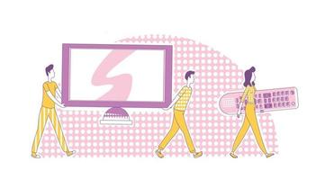 illustration vectorielle de système home cinéma fine ligne concept. hommes portant la télévision et une femme tenant des personnages de dessins animés 2d à distance pour la conception de sites Web. idée créative de divertissement multimédia vecteur