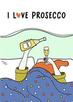 je l'amour prosecco. vecteur illustration de femme dans pyjamas mensonge dans lit avec verre de pétillant du vin et bouteille. du vin faire la fête, bien matin, relaxant et vacances concept.