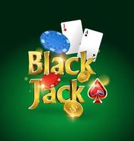 logo de blackjack sur fond vert avec des cartes, des jetons et de l'argent. jeu de cartes. jeu de casino. illustration vectorielle vecteur