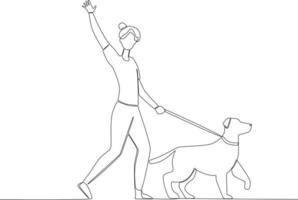 une femme agitant à sa ami porter sa chien vecteur