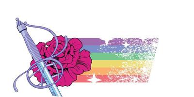 T-shirt conception de une fleur percé par une épée et une arc en ciel dans le Contexte. vecteur illustration pour gay fierté journée.