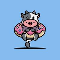 mignonne vache étreinte gros Donut dessin animé vecteur