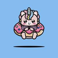 mignonne Licorne étreinte gros Donut dessin animé vecteur