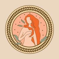 magnifique femme avec Orange cheveux avec scintille et feuilles illustration. Vénus déesse illustration. vecteur