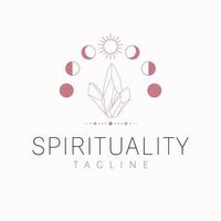 spiritualité vecteur logo conception. cristaux et ésotérique plat logotype. lune et cristal logo modèle.
