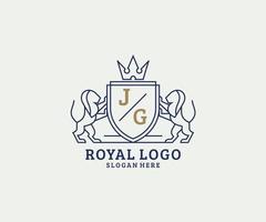 modèle initial de logo de luxe jg lettre lion royal en art vectoriel pour restaurant, royauté, boutique, café, hôtel, héraldique, bijoux, mode et autres illustrations vectorielles.