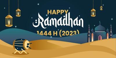 croissant islamique avec mosquée pour Ramadan kareem 1444 h 2023 et eid moubarak. d'or moitié lune motif, background.vector illustration vecteur