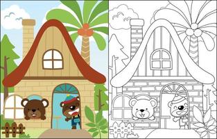 deux mignonne ours dessin animé dans sucré maison, coloration livre ou page vecteur