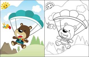 dessin animé vecteur de parachutisme mignonne ours avec oiseau, coloration livre ou page