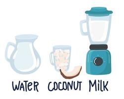 noix de coco Lait recette noix de coco, infographie Comment à faire noix de coco Lait dessin animé vecteur. ajouter noix de coco l'eau à mixeur légume lait. végétarien boire, vecteur