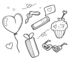 salutation carte pour content st. la Saint-Valentin journée. vecteur illustration à propos aimer, avec cœurs, fleurs, cadeaux. ensemble de main tiré isolé griffonnages.
