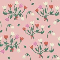 floral sans couture modèle avec tulipes bouquet sur rose Contexte. printemps mignonne Contexte avec fleur fleurs pour tissu, fond d'écran, affiches, bannières. vecteur illustration