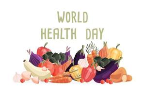 modèle d'affiche horizontale de la journée mondiale de la santé avec collection de légumes biologiques frais. illustration colorée dessinée à la main sur fond blanc. nourriture végétarienne et végétalienne. vecteur
