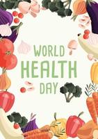 modèle d'affiche verticale de la journée mondiale de la santé avec collection de légumes biologiques frais. illustration dessinée à la main colorée sur fond vert clair. nourriture végétarienne et végétalienne.