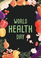 modèle d'affiche verticale de la journée mondiale de la santé avec collection de légumes biologiques frais. illustration dessinée à la main colorée sur fond vert foncé. nourriture végétarienne et végétalienne. vecteur