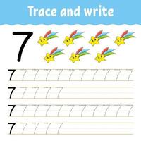 apprendre les nombres. trace et écrit. pratique de l'écriture manuscrite. apprendre les nombres pour les enfants. feuille de travail sur le développement de l'éducation. page d'activité couleur. illustration vectorielle isolé dans un style dessin animé mignon. vecteur