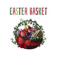 illustrations vectorielles sur le panier à thème de Pâques avec des oeufs de couleur chocolat et des fleurs de printemps. vecteur
