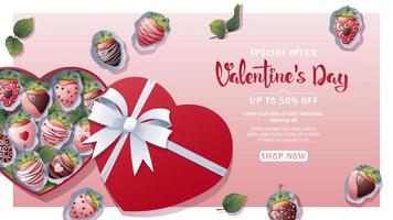 bannière, affiche avec des fraises dans Chocolat dans une cœur en forme de boîte. magnifique cadeau. romantique arrière-plan, prospectus modèle pour Valentin s journée vecteur