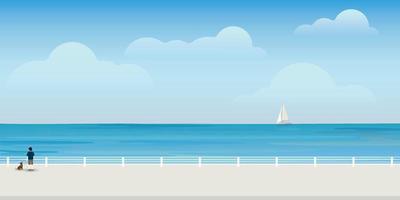 homme avec le sien chien à rivage dans été. paysage marin et bleu ciel plat conception Contexte. vecteur
