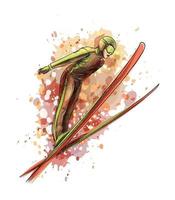 skieur sautant abstrait d'une éclaboussure d'aquarelle, croquis dessiné à la main. illustration vectorielle de peintures vecteur