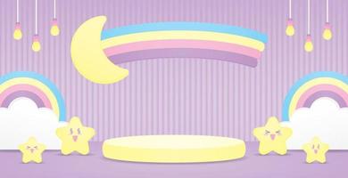 mignonne Jaune podium afficher supporter avec kawaii content étoiles et mignonne croissant lune avec coloré arc en ciel signe sur sucré pastel violet sol et mur Contexte 3d illustration vecteur pour en mettant objet