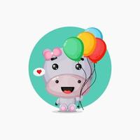 hippopotame mignon portant des ballons colorés vecteur