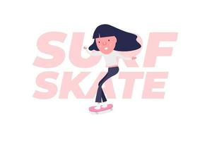 jeune femme faire du surf avec skateboard ou surf skate. personnage de dessin animé drôle. vecteur