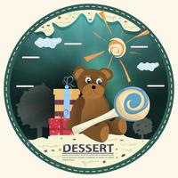 Ours en peluche au chocolat avec des bonbons assis à côté de boîtes de cadeaux avec les mots dessert design plat autocollant rond vecteur