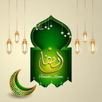 calligraphie arabe ramadan kareem avec silhouette de mosquée, croissant de lune et lanternes islamiques. le ramadan kareem est un mois de jeûne pour les musulmans. vecteur